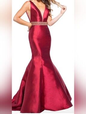 Jovani Red Satin Mermaid Gown with Gold Waistband